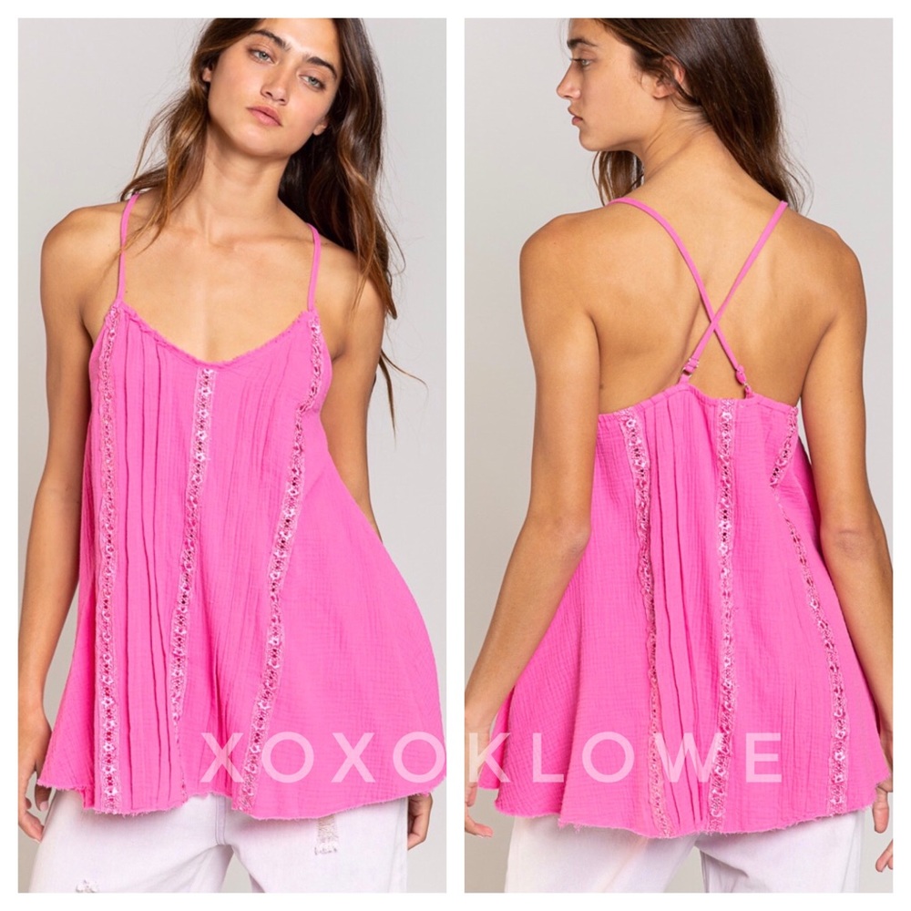 Hot Pink Pink Lace Trim Gauze Sleeveless Top